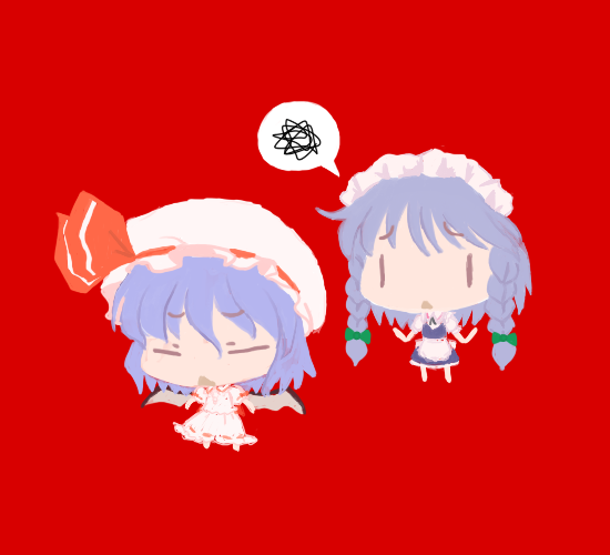 mochiso, izayoi sakuya, remilia scarlet, touhou, silver hair, 2girls, apron, bat wings, blue dress, braid, chibi, closed eyes, dress, female focus, full body, hat, mob cap, multiple girls, pink dress, spoken squiggle, squiggle, standing, twin braids, waist apron, wings, | |