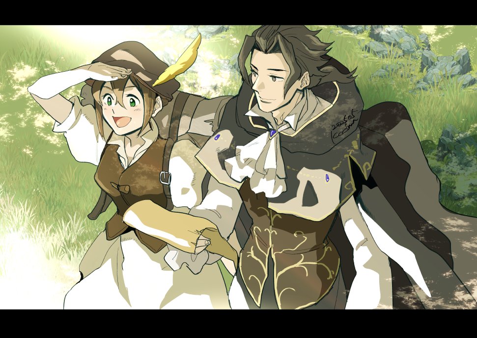 kachidama, tressa colzione, octopath traveler, octopath traveler i, chinese commentary, commentary request, 1boy, 1girl, arm up, ascot, backpack, bag, black capelet, black eyes, black hair, brown hair, brown vest, capelet, cyrus albright, double-parted bangs, dress, frilled sleeves, frills, from above, gem, gold trim, grass, green eyes, grey bag, hat, hat feather, holding, holding paper, hood, hood down, letterboxed, long sleeves, looking ahead, low ponytail, open mouth, outdoors, outside border, paper, plain, ponytail, purple gemstone, ribbon, rock, shirt, short hair, short sleeves, side-by-side, signature, smile, vest, white ascot, white ribbon, white shirt