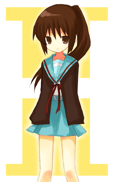 yuzuki (yuduame), kyon, kyonko, suzumiya haruhi no yuuutsu, bad id, bad pixiv id, 00s, 1girl, cardigan, female focus, genderswap, genderswap (mtf), ponytail, school uniform, serafuku, solo