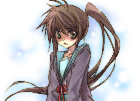 shima (6land), kyon, kyonko, suzumiya haruhi no yuuutsu, gender request, lowres, 00s, 1girl, blush, cardigan, female focus, genderswap, gradient background, ponytail, school uniform, serafuku, solo