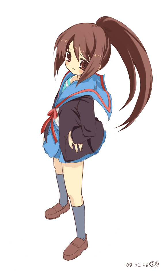 shino (eefy), kyon, kyonko, suzumiya haruhi no yuuutsu, 00s, 1girl, cardigan, female focus, full body, genderswap, genderswap (mtf), long sleeves, ponytail, school uniform, serafuku, simple background, solo
