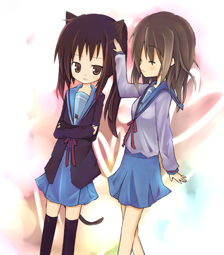 amakaze sora, koizumi itsuki, koizumi itsuki (female), kyon, kyonko, suzumiya haruhi no yuuutsu, bad id, bad pixiv id, 00s, 2girls, animal ears, cat ears, genderswap, genderswap (mtf), multiple girls, ponytail, school uniform, serafuku, thighhighs