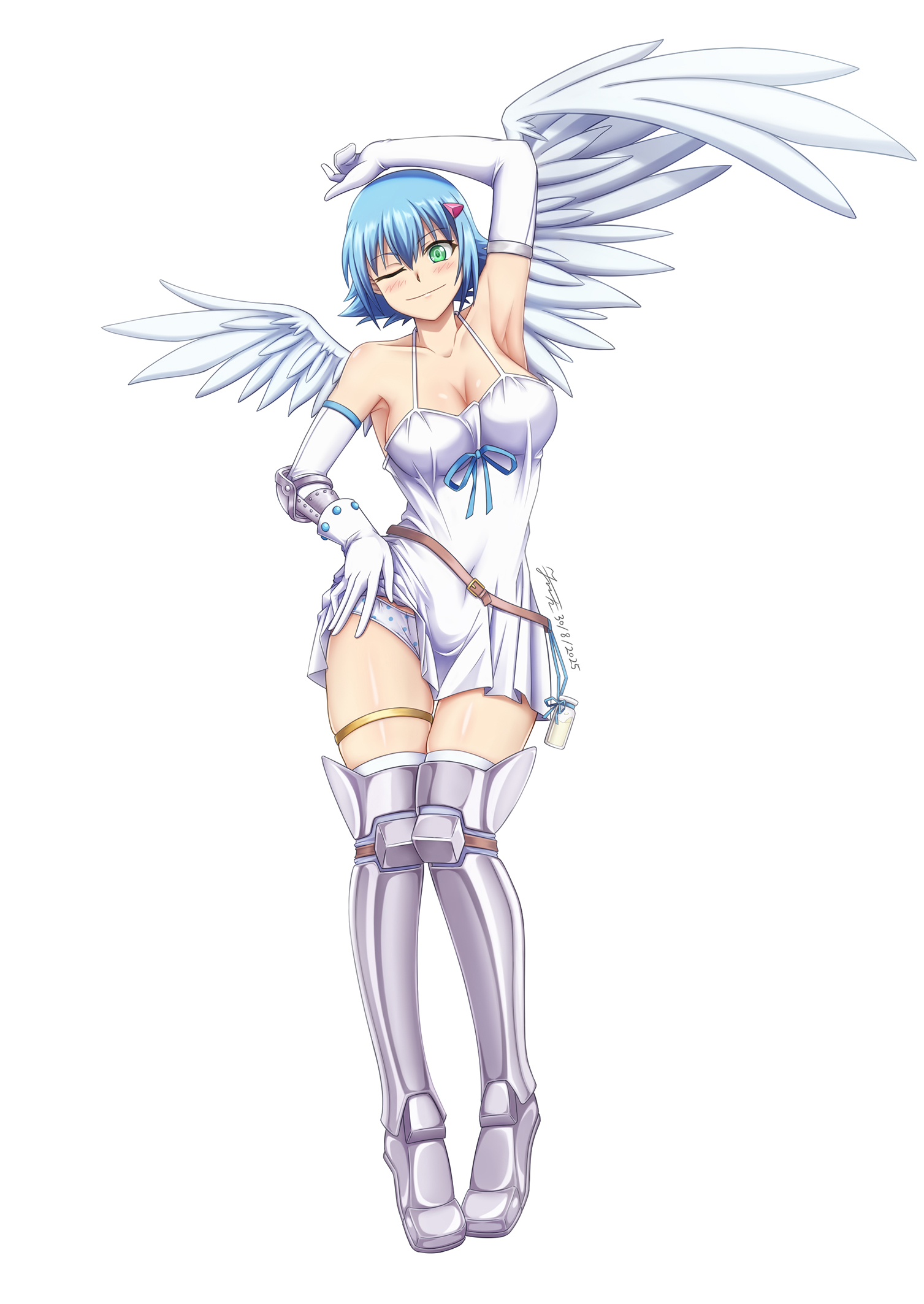 kkkowy0913, angel of light nanael, nanael (queen's blade), queen's blade, highres, variant set, 1girl, angel, angel wings, arm up, armor, armpits, asymmetrical wings, bare shoulders, bikini armor, blue hair, blush, boots, breasts, cleavage, dress, elbow gloves, feathered wings, gloves, greaves, green eyes, medium breasts, milk, panties, polka dot, polka dot panties, shiny skin, short hair, simple background, solo, standing, thighhighs, thighs, underwear, white background, white dress, wings