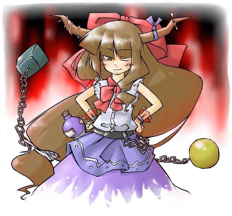 arnest, ibuki suika, touhou, 1girl, ^ ^, belt, blue skirt, blush, bow, bowtie, brown hair, buckle, chain, closed eyes, female focus, gourd, hair bow, hands on own hips, horns, long hair, oni, red bow, red bowtie, shirt, skirt, sleeveless, sleeveless shirt, solo, very long hair, white shirt, wrist cuffs