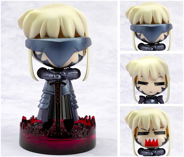 artoria pendragon (fate), saber (fate), saber alter, saber alter (first ascension), saber alter (second ascension), fate/stay night, fate (series), nendoroid, photo (medium), 00s, 1girl, armor, armored dress, chibi, covered eyes, dress, figure, hands on hilt, multiple views, sword, weapon