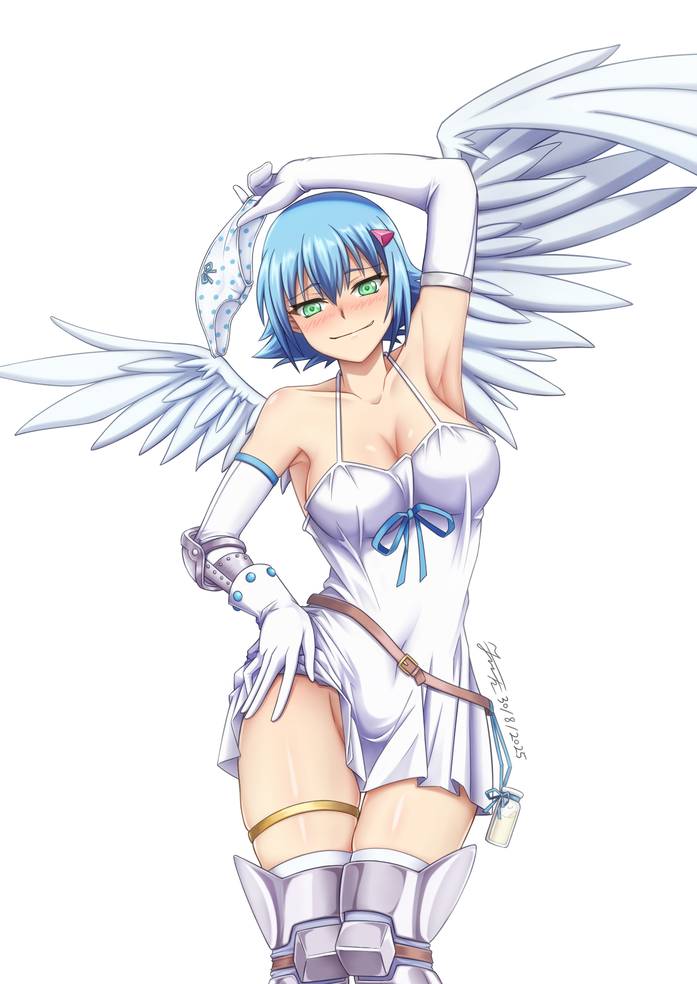 kkkowy0913, angel of light nanael, nanael (queen's blade), queen's blade, highres, variant set, 1girl, angel, angel wings, arm up, armor, armpits, asymmetrical wings, bare shoulders, bikini armor, blue hair, blush, boots, breasts, cleavage, dress, elbow gloves, feathered wings, gloves, greaves, green eyes, holding, holding panties, holding underwear, holding unworn clothes, medium breasts, milk, no panties, panties, polka dot, polka dot panties, shiny skin, short hair, simple background, solo, standing, thighhighs, thighs, underwear, unworn panties, white background, white dress, wings