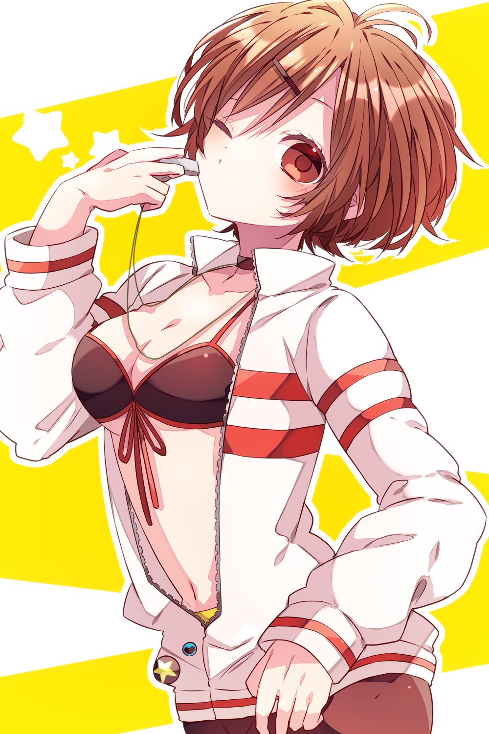 kaho 0102, meiko (vocaloid), vocaloid, commentary, highres, 1girl, bikini, blush, breasts, brown bikini, brown eyes, brown hair, cleavage, closed mouth, cowboy shot, front-tie bikini top, front-tie top, hair ornament, hairclip, hand up, holding, holding whistle, jacket, long sleeves, medium breasts, one eye closed, open clothes, open jacket, outline, short hair, solo, star (symbol), swimsuit, whistle, white jacket, white outline, yellow background