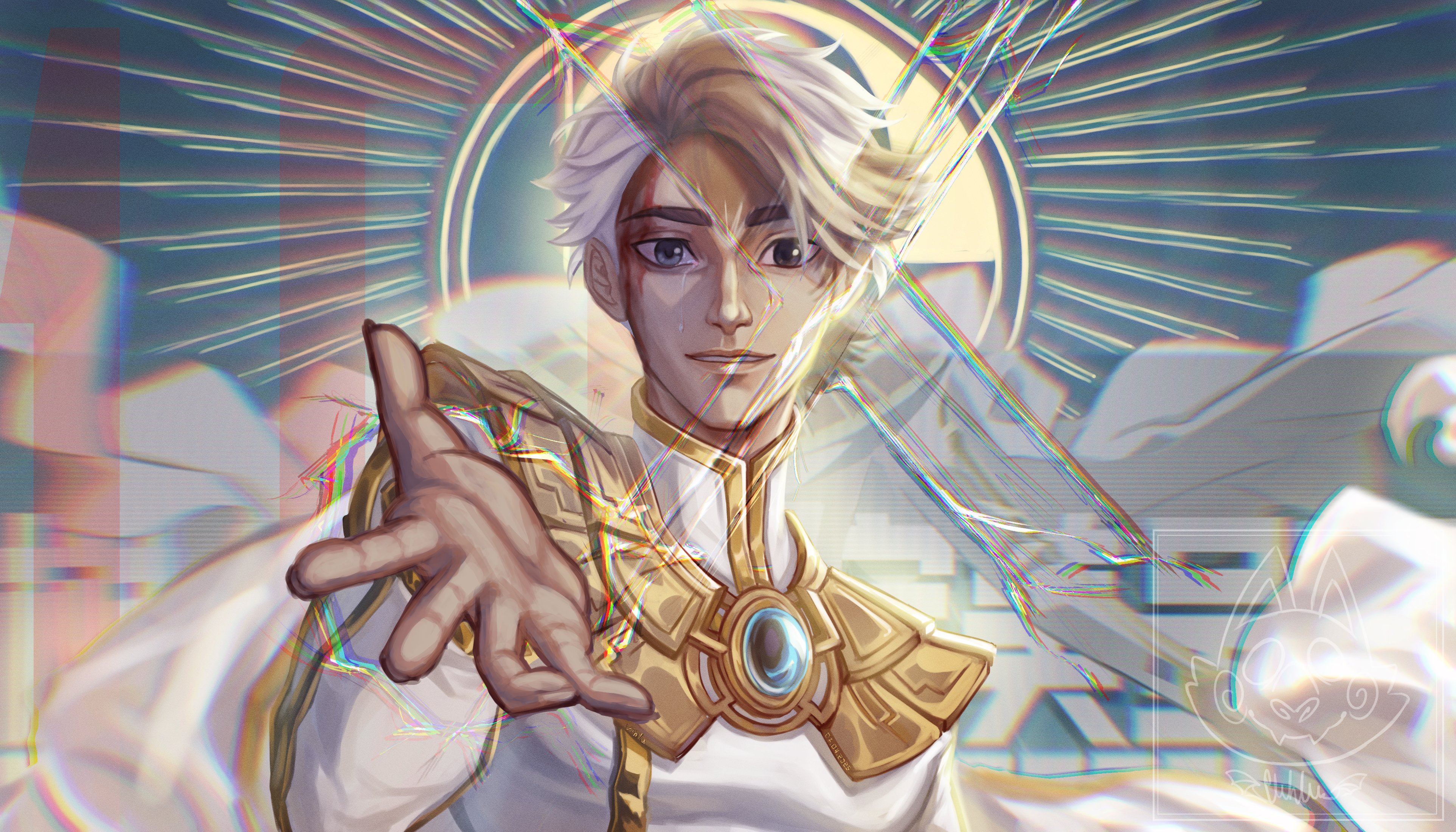 lin ling (to be hero x), to be hero, to be hero x, absurdres, highres, 1boy, cape, crying, crying with eyes open, gold trim, heterochromia, male focus, outstretched hand, revealing layer, sunlight, tears, white cape, white hair