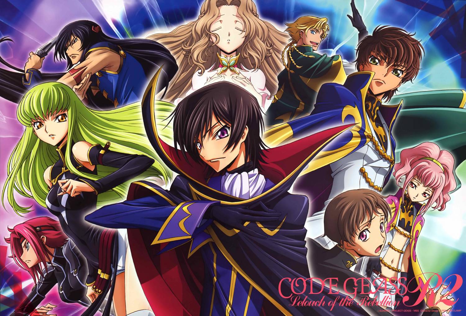 kimura takahiro, anya alstreim, c.c., gino weinberg, kouzuki kallen, lelouch vi britannia, li xingke, nunnally vi britannia, rolo lamperouge, code geass, official art, scan, 00s, 4girls, 5boys, black hair, blonde hair, blue eyes, brown hair, closed eyes, green eyes, green hair, long hair, multiple boys, multiple girls, order of the black knights uniform, pink hair, purple eyes, red hair, short hair