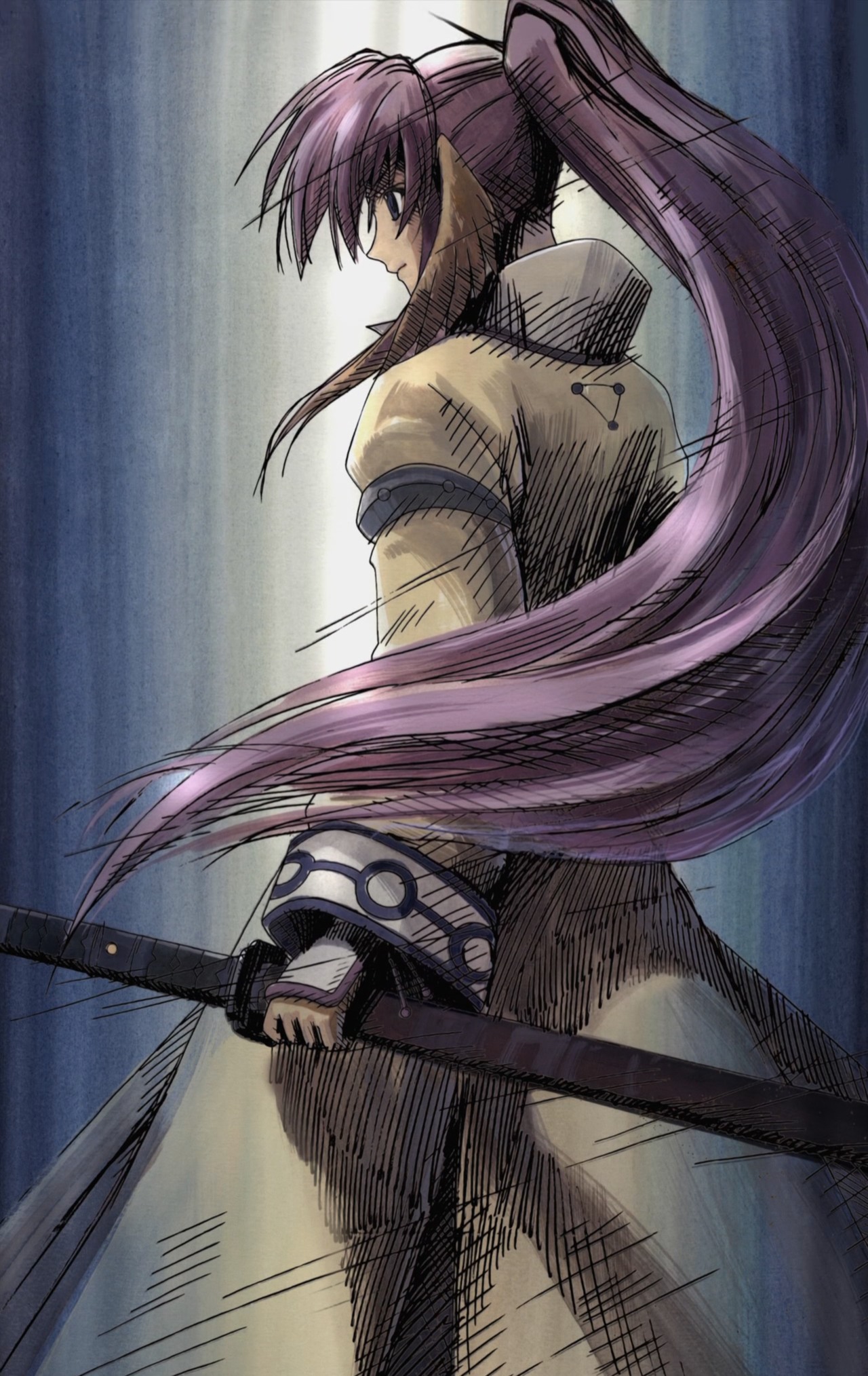 touka (utawarerumono), utawarerumono, highres, 00s, 1girl, female focus, gradient background, head wings, long hair, ponytail, purple hair, solo, sword, weapon, wings