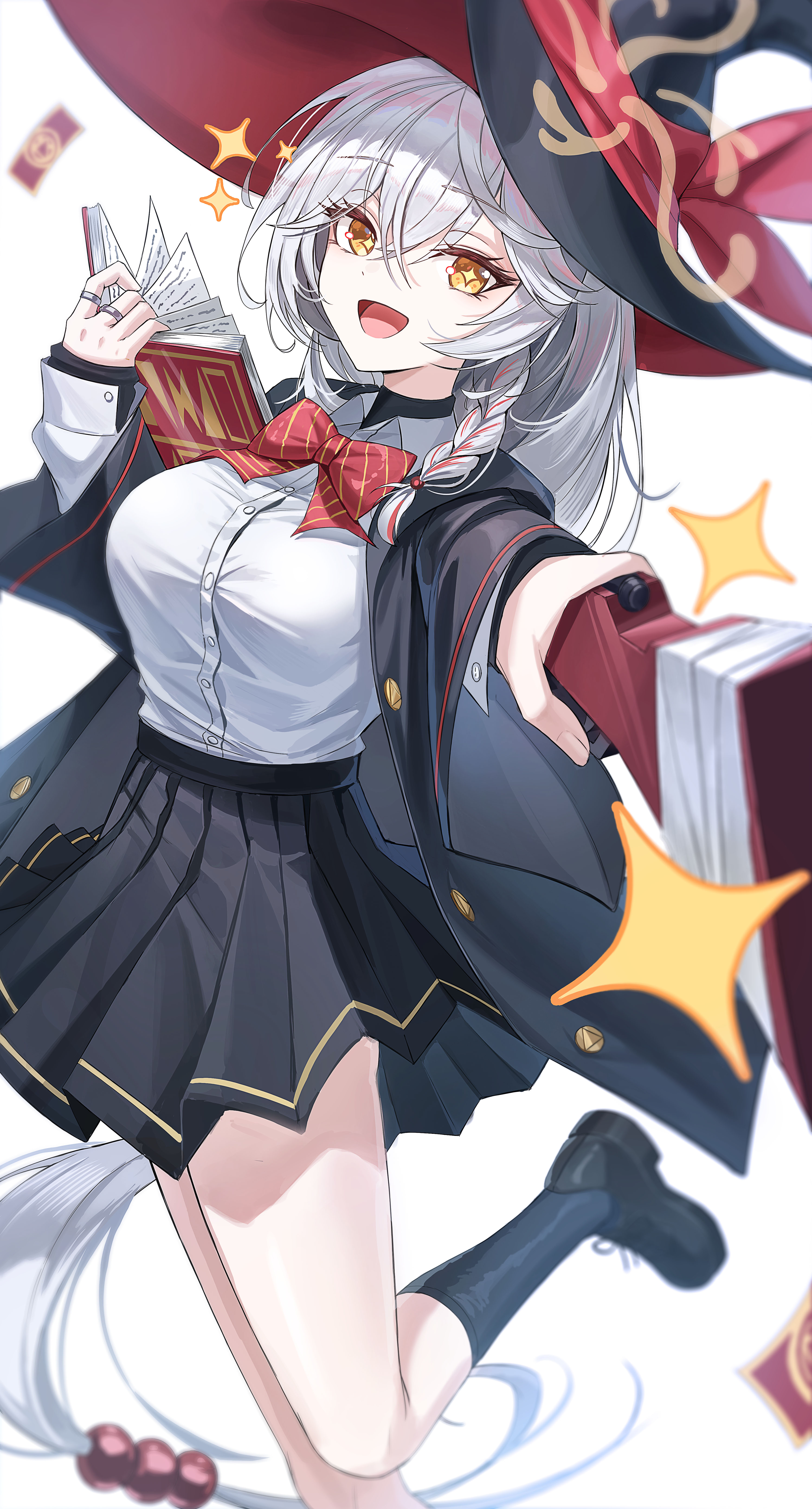 k0a, eri (blue archive), blue archive, absurdres, commentary request, highres, + +, 1girl, black coat, black skirt, black socks, blush, book, bow, bowtie, breasts, brown halo, coat, diagonal-striped bow, diagonal-striped bowtie, diagonal-striped clothes, halo, hat, holding, holding book, large breasts, loafers, long hair, long sleeves, looking at viewer, open book, open clothes, open coat, open mouth, pleated skirt, red bow, red bowtie, shirt, shirt tucked in, shoes, side halo, simple background, skirt, smile, socks, solo, sparkling eyes, standing, standing on one leg, striped bow, striped bowtie, striped clothes, thighs, tilted halo, white background, white shirt, witch hat