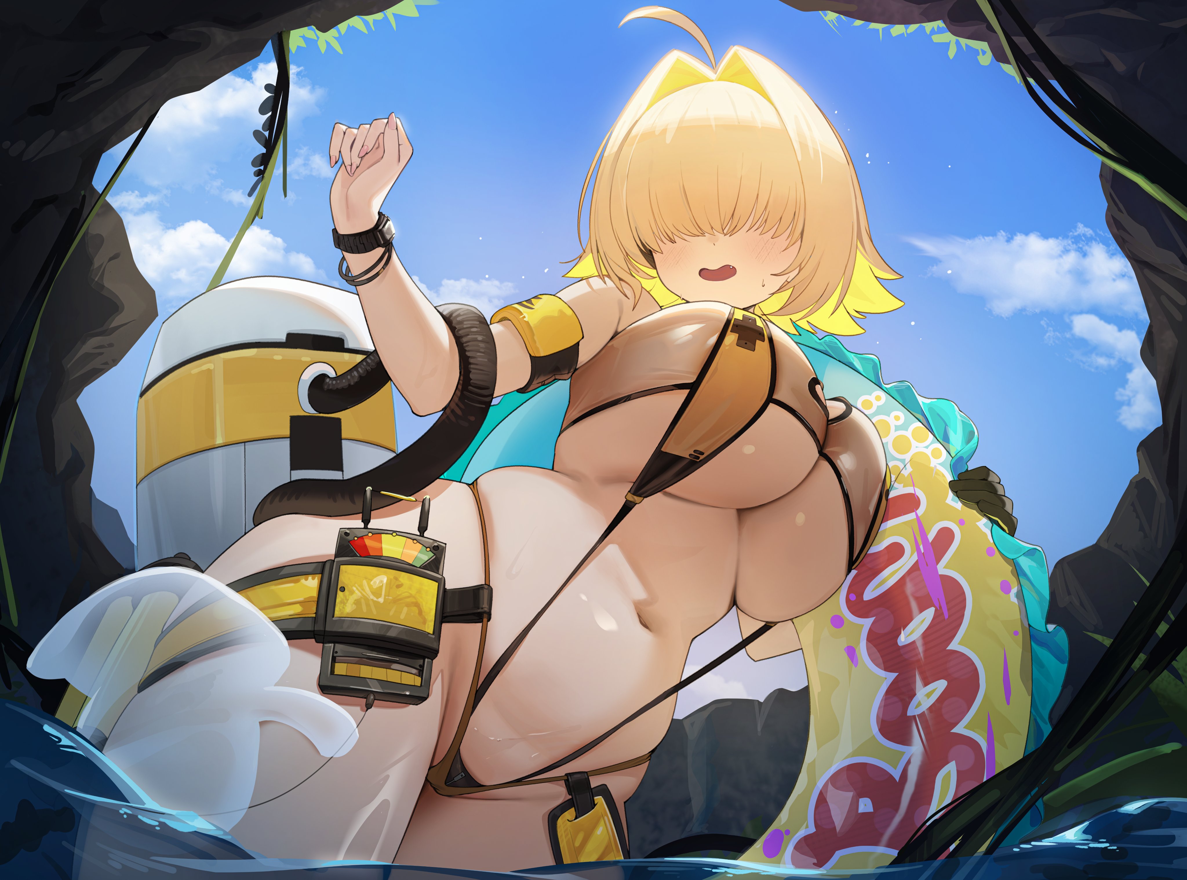 nogong, elegg (boom and shock) (nikke), elegg (nikke), goddess of victory: nikke, absurdres, hashtag-only commentary, highres, 1girl, ahoge, bandeau, bare shoulders, breasts, cleavage cutout, clothing cutout, cowboy shot, day, facing viewer, fang, hair intakes, hair over eyes, huge breasts, innertube, navel, official alternate costume, open mouth, outdoors, short hair, skindentation, slingshot swimsuit, smile, solo, standing, stomach, swim ring, swimsuit, thick thighs, thighs, underboob, wading, wristband, yellow slingshot swimsuit