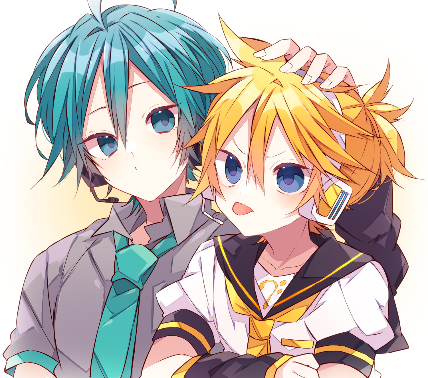 kaho 0102, hatsune mikuo, kagamine len, vocaloid, commentary request, highres, 2boys, arm warmers, bass clef, black sailor collar, blonde hair, blue eyes, blue hair, blue necktie, closed mouth, collared shirt, crossed arms, double-parted bangs, grey shirt, hair between eyes, hand on another's head, headset, male focus, multiple boys, necktie, sailor collar, shirt, short hair, short sleeves, tongue, tongue out, upper body, v-shaped eyebrows, white shirt, yellow necktie