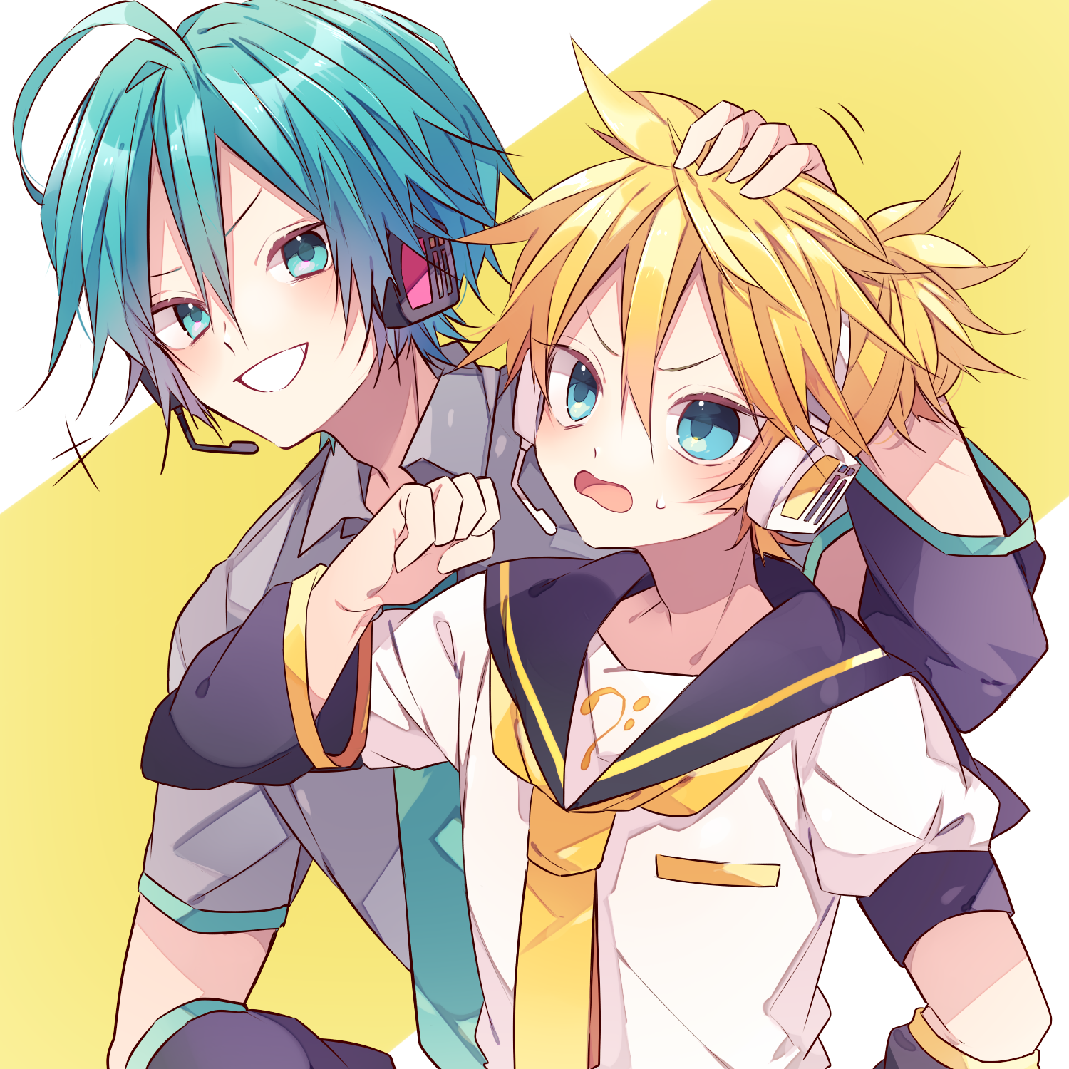 kaho 0102, hatsune mikuo, kagamine len, vocaloid, commentary request, highres, +++, 2boys, arm warmers, bass clef, black sailor collar, blonde hair, blue eyes, blue hair, blue necktie, collared shirt, double-parted bangs, grey shirt, grin, hair between eyes, hand on another's head, hand up, headset, male focus, multiple boys, necktie, open mouth, sailor collar, shirt, short hair, short sleeves, smile, sweatdrop, upper body, v-shaped eyebrows, white shirt, yellow background, yellow necktie
