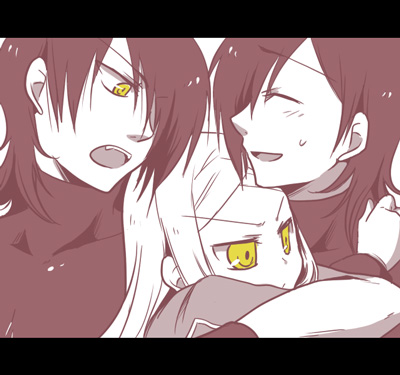 hio (artist), allelujah haptism, hallelujah haptism, soma peries, gundam, gundam 00, lowres, >:), 00s, 1girl, 2boys, :d, ^ ^, blush, closed eyes, hug, letterboxed, monochrome, multiple boys, open mouth, red theme, smile, spot color, sweatdrop, upper body, v-shaped eyebrows, yellow eyes