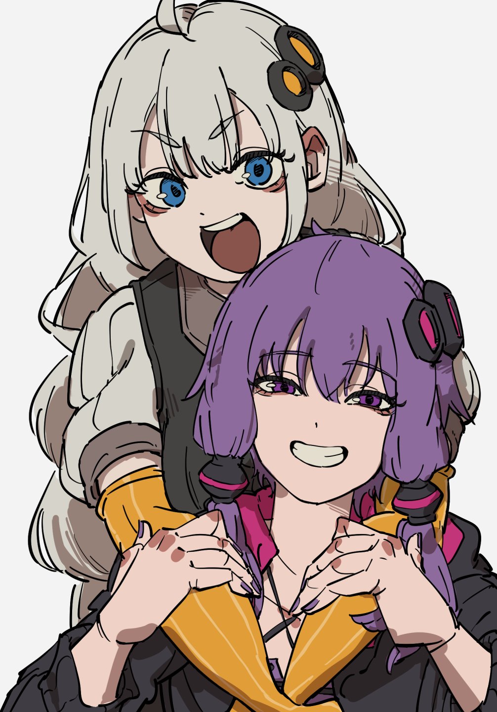 satsuki (satsu doll), kizuna akari, yuzuki yukari, voiceroid, highres, 2girls, :d, ahoge, arms around neck, black dress, black hoodie, black jacket, blue eyes, braid, collarbone, criss-cross halter, dress, facing viewer, gloves, hair ornament, halter dress, halterneck, hands on another's arms, hood, hood down, hoodie, jacket, long hair, long sleeves, looking at viewer, medium hair, multiple girls, open mouth, orange gloves, pinafore dress, purple dress, purple eyes, purple hair, short hair with long locks, short sleeves, simple background, sleeveless, sleeveless dress, smile, teeth, twin braids, upper body, upper teeth only, white background, white hair