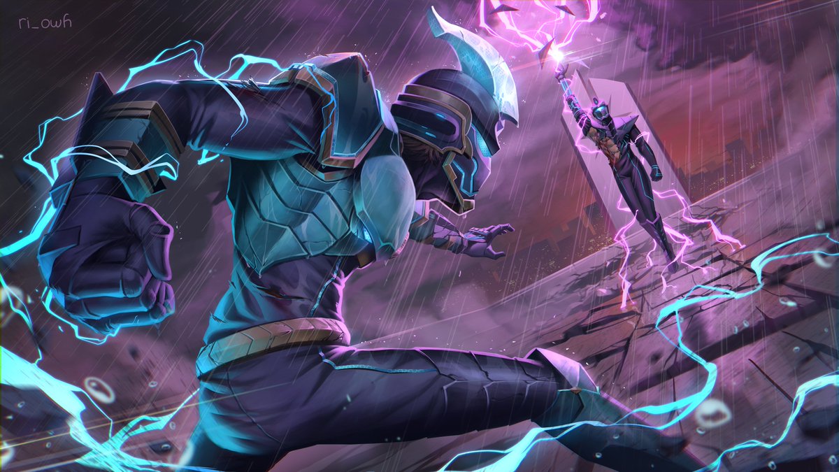 e-soul (to be hero x), to be hero, to be hero x, 2boys, arena, armor, electricity, electrokinesis, fighting, helmet, lightning, multiple boys, power armor, rain, skyline