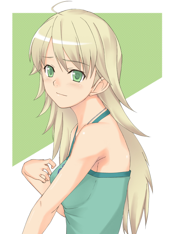 saiga, hoshii miki, idolmaster, idolmaster (classic), idolmaster 1, 00s, 1girl, ahoge, blonde hair, female focus, green eyes, green shirt, long hair, shirt, solo