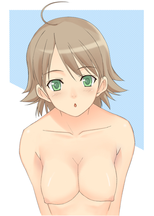 saiga, awakened miki, hoshii miki, idolmaster, idolmaster (classic), idolmaster 1, 00s, ahoge, breasts, brown hair, green eyes, nipples, short hair, solo, topless female