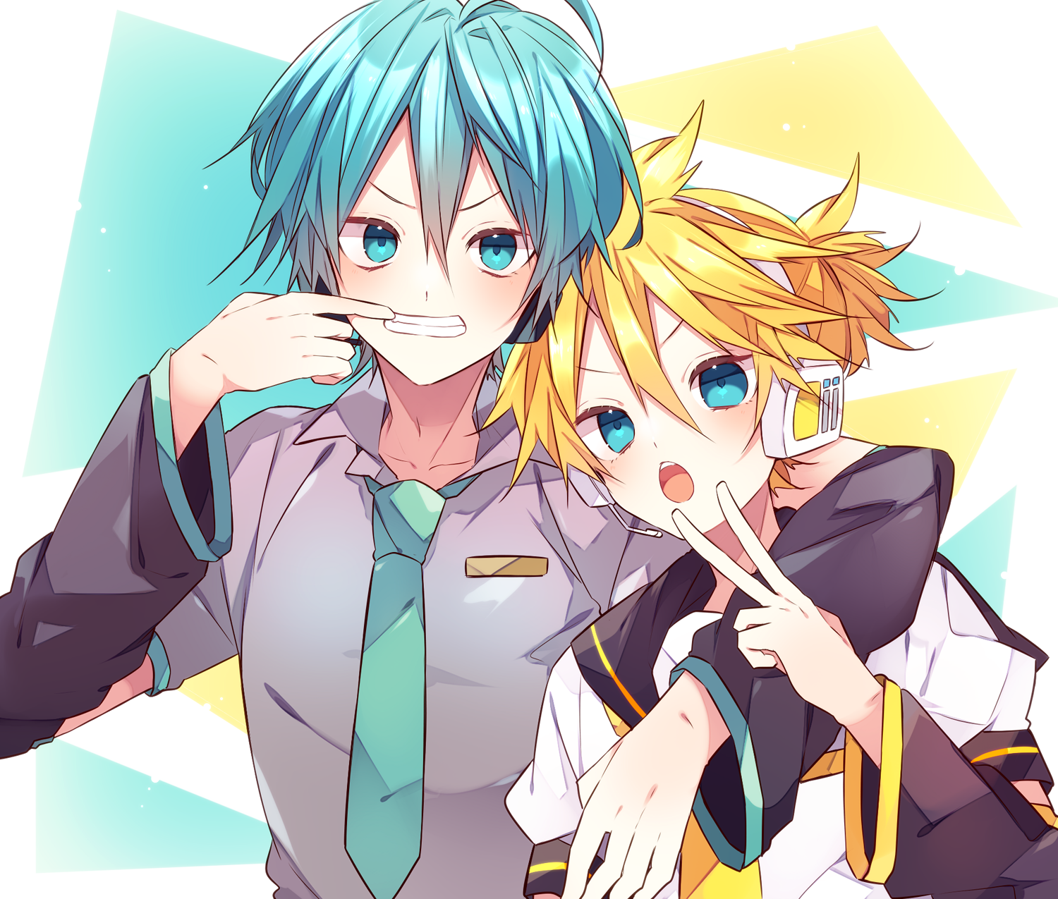 kaho 0102, hatsune mikuo, kagamine len, vocaloid, commentary request, highres, 2boys, :o, arm around neck, arm warmers, black sailor collar, blonde hair, blue eyes, blue hair, blue necktie, blush, collared shirt, double-parted bangs, grey shirt, hair between eyes, hand up, headset, looking at viewer, male focus, mouth pull, multiple boys, necktie, open mouth, sailor collar, shirt, short hair, short sleeves, upper body, v, v-shaped eyebrows, white shirt, yellow necktie