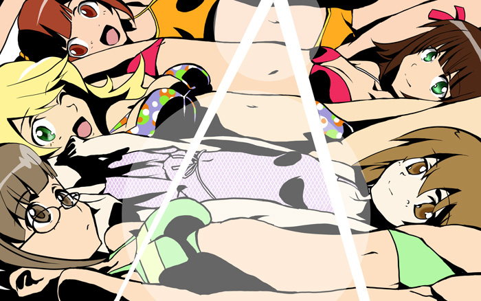 toujirou, akizuki ritsuko, amami haruka, hagiwara yukiho, hoshii miki, takatsuki yayoi, idolmaster, idolmaster (classic), idolmaster 1, bad id, bad pixiv id, 00s, 5girls, bikini, casual one-piece swimsuit, glasses, glint, lens flare, lying, multiple girls, navel, on back, one-piece swimsuit, pale skin, polka dot, polka dot bikini, polka dot swimsuit, red bikini, swimsuit, tankini