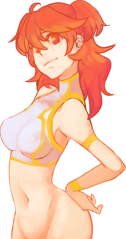 kitayama, nena trinity, gundam, gundam 00, bad id, bad pixiv id, 00s, 1girl, bottomless, breasts, freckles, hand on own hip, large breasts, midriff, navel, no panties, red eyes, red hair, smile