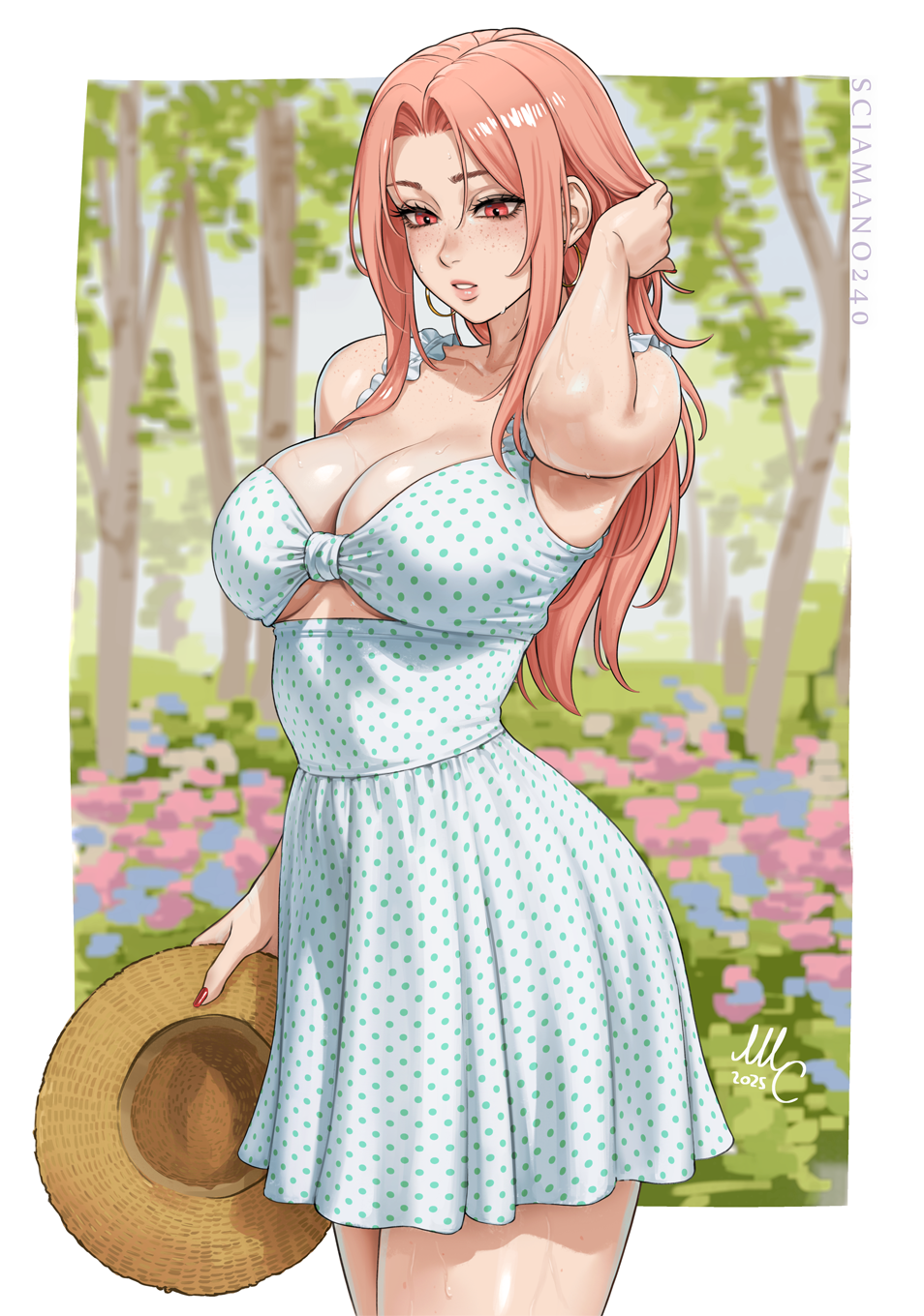 sciamano240, chloe (sciamano240), original, commentary, english commentary, highres, 1girl, artist name, breasts, cleavage, dress, hand in own hair, hat, outdoors, parted lips, pink eyes, pink hair, polka dot, polka dot dress, solo, sundress, unworn headwear, white dress
