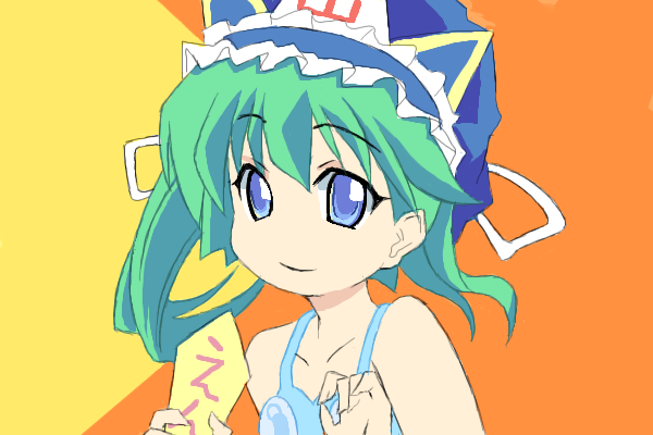 hamayumiba sou, shiki eiki, pani poni dash!, touhou, 1girl, blue hat, female focus, hat, parody, rod of remorse, solo