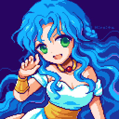 hiroita, rulue (puyopuyo), madou monogatari, puyopuyo, lowres, 1girl, bare shoulders, blue background, blue hair, bracer, breasts, cleavage, dress, gold necklace, green eyes, jewelry, long hair, necklace, open mouth, pixel art, simple background, solo, upper body, very long hair, white dress