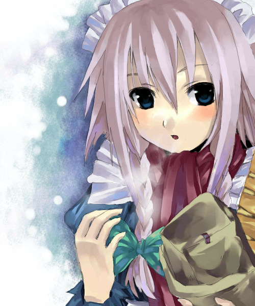 izayoi sakuya, perfect cherry blossom, touhou, 1girl, braid, breath, eyebrows hidden by hair, female focus, scarf, solo, twin braids