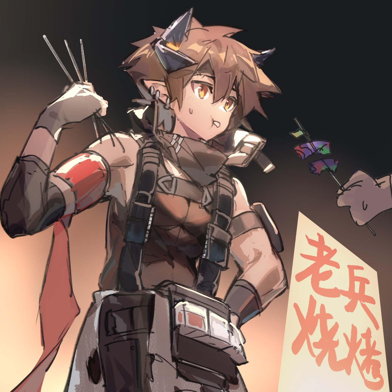 rockyroo, odda (arknights), arknights, highres, 1boy, armband, black gloves, black hair, black tank top, demon boy, demon horns, gloves, horns, male focus, pointy ears, red armband, sleeveless, sweatdrop, tank top, toned, toned male