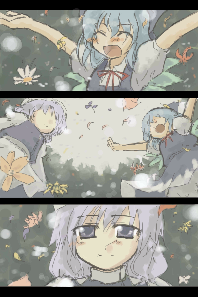 kuroneko no toorimichi, takuzui, cirno, letty whiterock, touhou, 2girls, arms up, comic, female focus, flower, happy, multiple girls, o/, outstretched arms, petals, silent comic, spring (season), wind