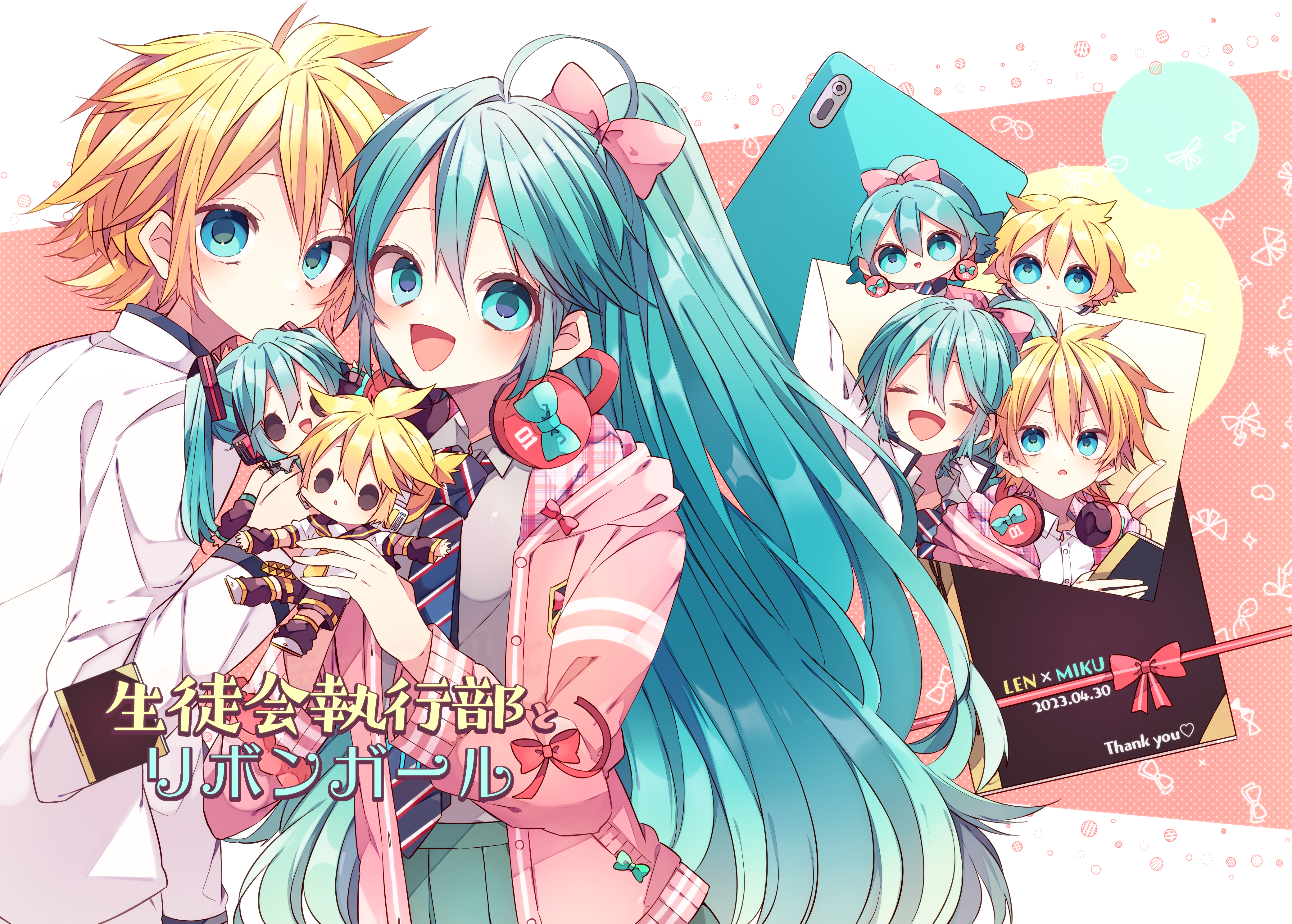 kaho 0102, hatsune miku, kagamine len, vocaloid, absurdres, commentary request, highres, 1boy, 1girl, :d, alternate hairstyle, blonde hair, blue eyes, blue hair, blue necktie, blush, character doll, chibi, closed eyes, closed mouth, collared shirt, doll, double-parted bangs, grey shirt, hair between eyes, headphones, headphones around neck, holding, holding doll, hood, hoodie, jacket, long hair, long sleeves, looking at viewer, necktie, open clothes, open hoodie, open mouth, pink hoodie, ponytail, shirt, short hair, smile, striped necktie, upper body, white jacket