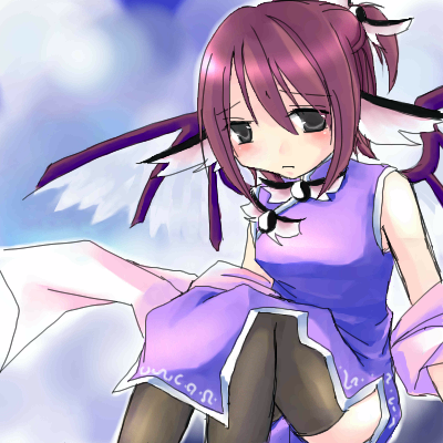 asahina, mystia lorelei, touhou, lowres, 1girl, bare shoulders, black eyes, black thighhighs, blush, china dress, chinese clothes, dress, female focus, gradient background, outdoors, red hair, sad, sky, solo, thighhighs, wings