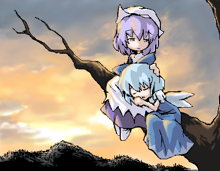 cirno, letty whiterock, touhou, lowres, 2girls, female focus, in tree, lap pillow, multiple girls, sleeping, sunset, tree