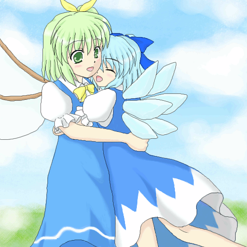 cirno, daiyousei, embodiment of scarlet devil, touhou, lowres, 2girls, ^ ^, blue bow, blue hair, bow, bowtie, closed eyes, cloud, day, fairy wings, female focus, grass, green eyes, green hair, hair bow, hair ribbon, hug, multiple girls, open mouth, puffy short sleeves, puffy sleeves, ribbon, shirt, short hair, short sleeves, sky, white shirt, wings, yellow bow, yellow bowtie, yellow ribbon