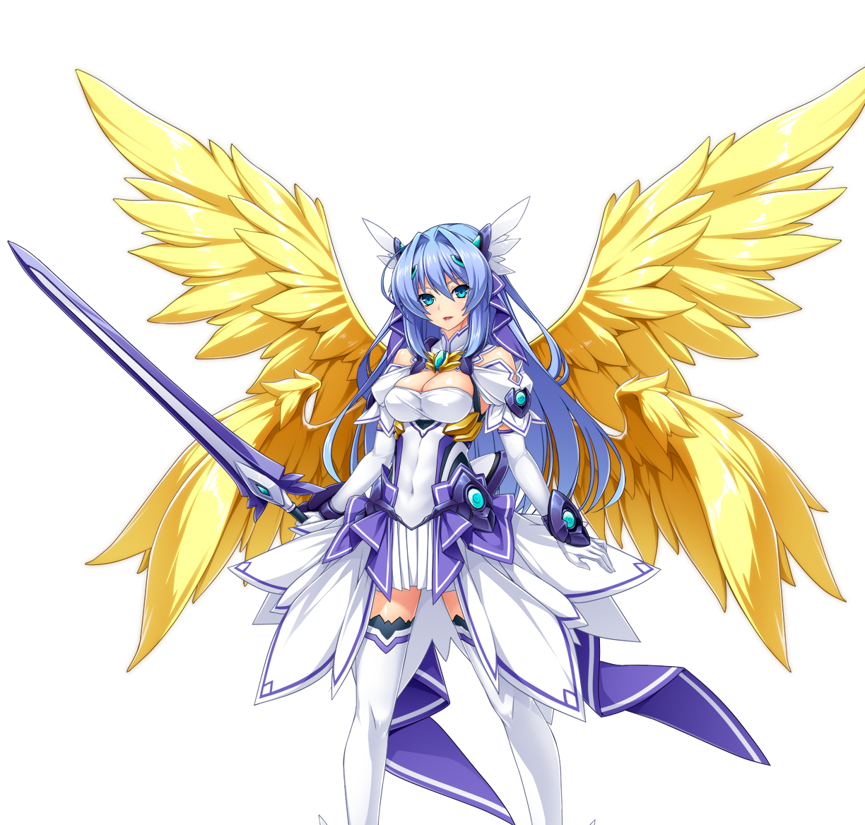 inoino, katsuragi marina, kouyoku senki exs-tia, game cg, large variant set, non-web source, official art, variant set, 1girl, angel wings, aqua eyes, blue eyes, blue hair, breasts, celestia (exs-tia), chest jewel, cleavage, covered navel, dress, elbow gloves, feathered wings, gloves, hair ornament, head wings, holding, holding sword, holding weapon, large breasts, long hair, looking at viewer, multiple wings, open mouth, smile, solo, standing, sword, thighhighs, transparent background, weapon, white dress, white gloves, white thighhighs, wings, yellow wings, zettai ryouiki