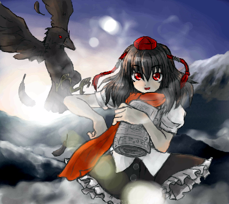 shameimaru aya, touhou, lowres, 1girl, bird, bunbunmaru, crow, female focus, hat, looking at viewer, newspaper, open mouth, red hat, scarf, smile, solo