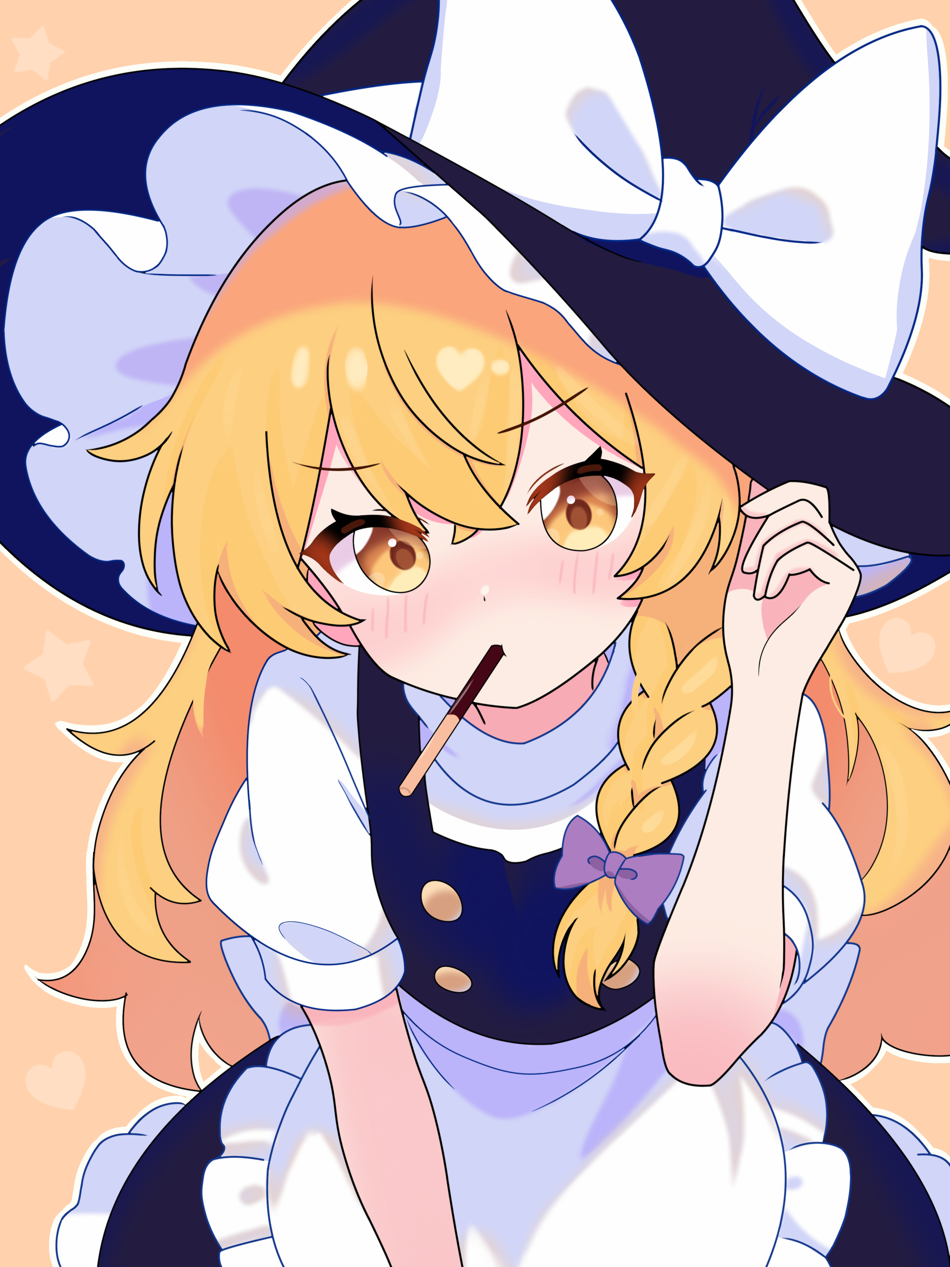qing zhanglao, kirisame marisa, touhou, absurdres, highres, 1girl, adjusting clothes, adjusting headwear, apron, black hat, black skirt, black vest, blonde hair, blush, bow, braid, cowboy shot, food, food in mouth, frilled apron, frilled skirt, frills, hair bow, hat, hat bow, heart, incoming pocky kiss, long hair, looking at viewer, orange background, pocky, pocky in mouth, purple bow, shirt, short sleeves, side braid, skirt, solo, star (symbol), vest, white apron, white bow, white shirt, witch hat, yellow eyes