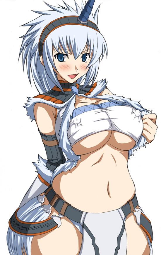 akino hamo, capcom, monster hunter (series), bad id, 1girl, blue eyes, breasts, covered erect nipples, curvy, female focus, hairband, hip focus, kirin (armor), large breasts, navel, solo, underboob, wide hips