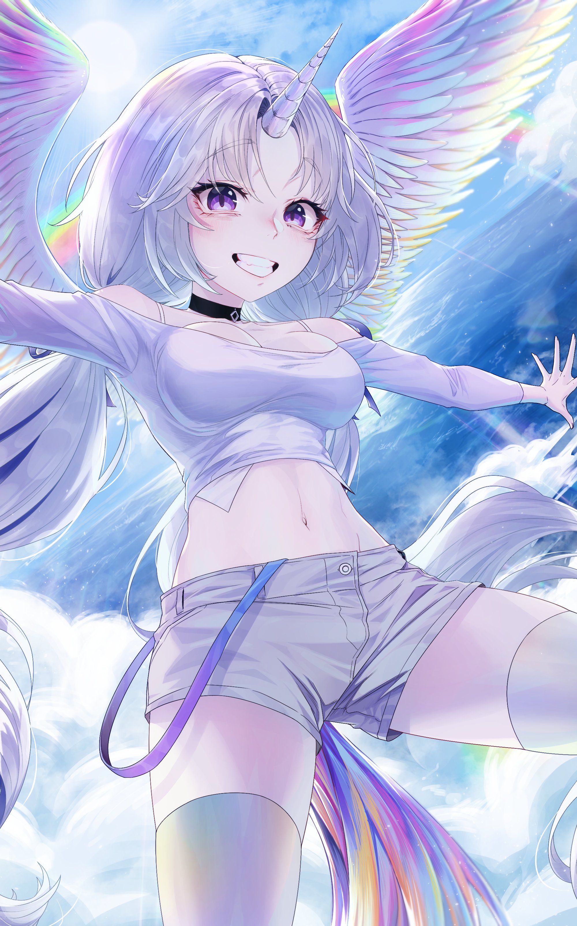 linpa93, ayatsuno yuni, stellive, absurdres, commentary, english commentary, highres, 1girl, black choker, blue sky, blue streaks, breasts, choker, cleavage, cropped shirt, curtained hair, day, eyelashes, forehead, grey hair, grey shorts, grey wings, grin, large breasts, lens flare, long hair, long sleeves, multicolored hair, navel, ocean, off-shoulder shirt, off shoulder, outdoors, purple eyes, shirt, short shorts, shorts, sky, smile, solo, stomach, streaked hair, sun, tail, unicorn horn, very long hair, virtual youtuber, white shirt, wings