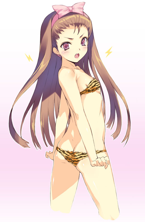 kawata hisashi, lum, minase iori, idolmaster, idolmaster (classic), idolmaster 1, urusei yatsura, 1girl, animal print, ass, bikini, butt crack, cosplay, female focus, hair ribbon, lum (cosplay), oni, ribbon, solo, swimsuit, tiger print