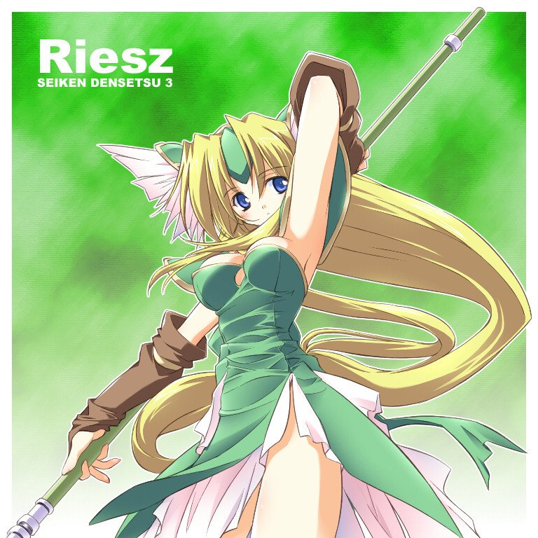 asoka, riesz, seiken densetsu, seiken densetsu 3, 1girl, blonde hair, blue eyes, breasts, character name, cleavage, copyright name, elbow gloves, gloves, large breasts, long hair, low-tied long hair, polearm, spear, thighs, weapon