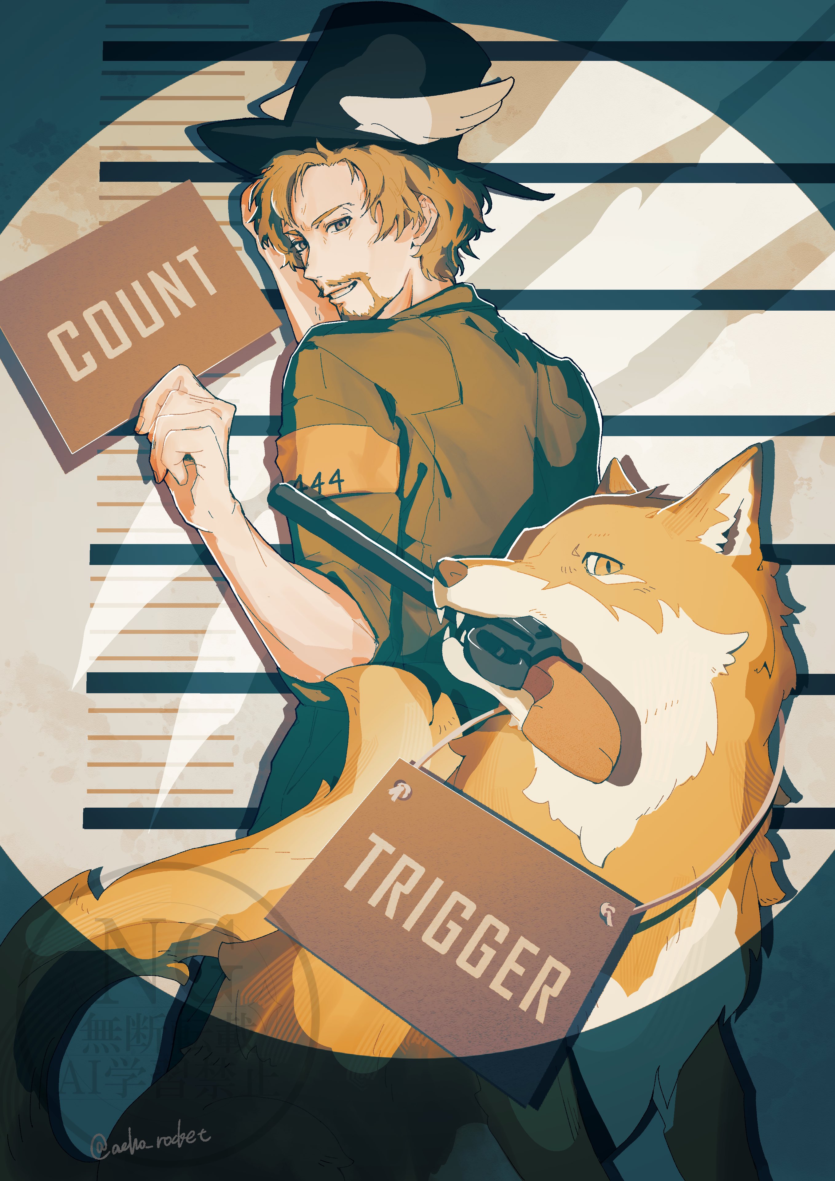 count (ace combat 7), trigger (ace combat), ace combat, ace combat 7, absurdres, highres, 1boy, blonde facial hair, blonde hair, character name, facial hair, grin, gun, handgun, hat, hat feather, height chart, holding, holding sign, looking back, mouth hold, mugshot, onigiri maru (maruchosu), orange fur, revolver, sign, signature, smile, top hat, watermark, weapon, wolf