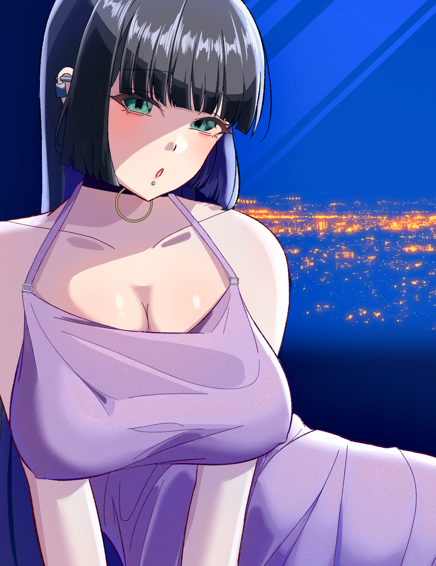 bigthirteen0301, pa-san, bocchi the rock!, commentary request, 1girl, barbell piercing, black choker, black hair, blunt bangs, blush, breasts, choker, city lights, cityscape, cleavage, colored inner hair, dress, ear piercing, glass, hime cut, huge breasts, indoors, industrial piercing, jewelry, large breasts, lipstick, makeup, multicolored hair, navel, open mouth, piercing, purple dress, purple hair, sleeveless, sleeveless dress, solo, strapless, strapless dress, two-tone hair, v arms