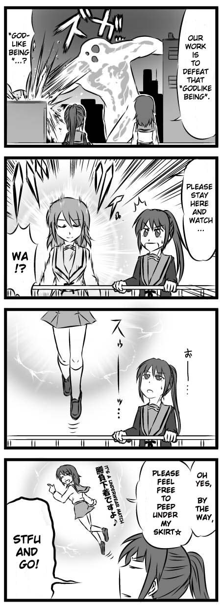 kanno takanori, shinjin, celestial (haruhi), celestial (suzumiya haruhi), koizumi itsuki, koizumi itsuki (female), kyon, kyonko, suzumiya haruhi no yuuutsu, hard-translated, highres, poorly translated, third-party edit, 2girls, 4koma, comic, english text, genderswap, genderswap (mtf), greyscale, monochrome, multiple girls, parody, yuri