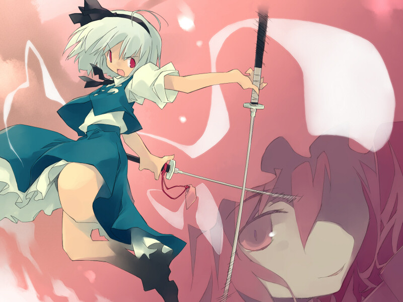 asoka, konpaku youmu, konpaku youmu (ghost), saigyouji yuyuko, touhou, silver hair, bad id, bad pixiv id, 2girls, dress, dual wielding, female focus, hairband, hands on own hips, hitodama, holding, katana, looking back, multiple girls, pink eyes, pink hair, sword, tanto, weapon