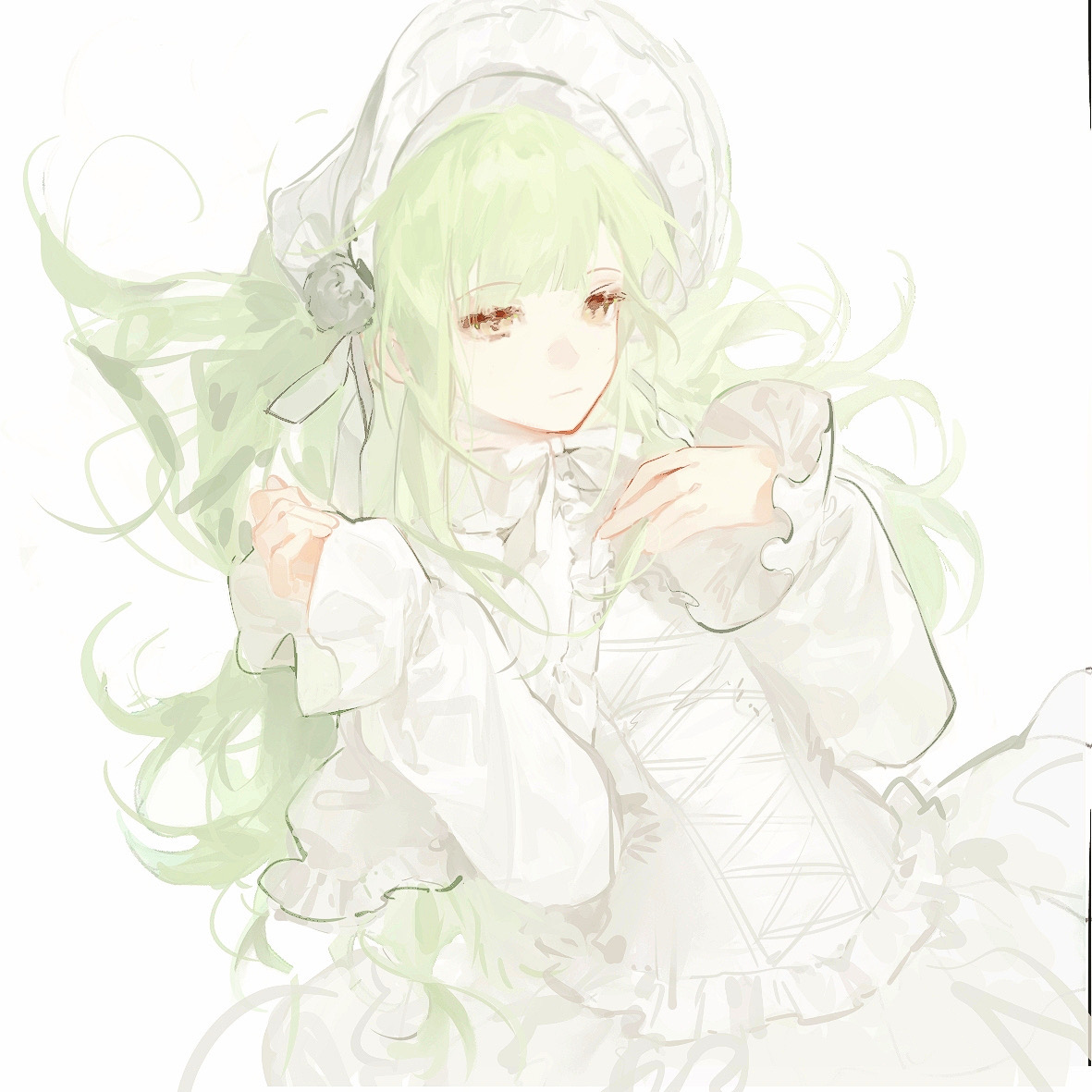 yeban bai, wakaba mutsumi, bang dream!, bang dream! it's mygo!!!!!, chinese commentary, commentary request, 1girl, bonnet, closed mouth, cowboy shot, dress, flower, frilled dress, frilled sleeves, frills, green hair, hands up, lolita fashion, long hair, long sleeves, lying, official alternate costume, on back, ribbon, rose, solo, white background, white bonnet, white dress, white ribbon