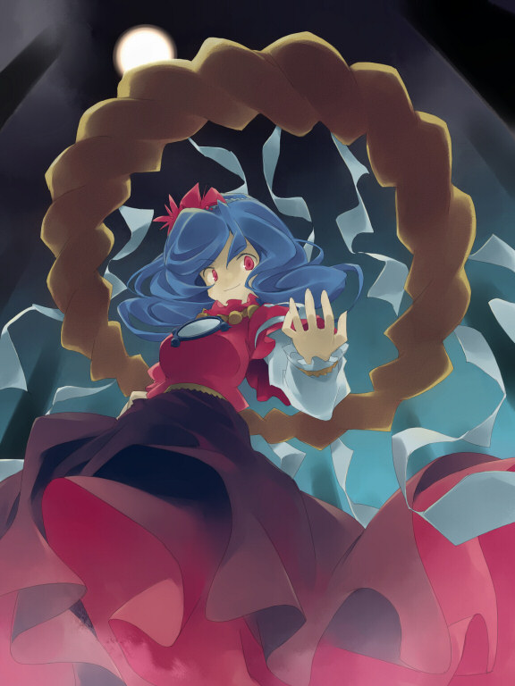 asoka, yasaka kanako, touhou, 1girl, brooch, dress, female focus, full moon, gem, hair ornament, jewelry, layered sleeves, leaf, leaf hair ornament, long sleeves, looking at viewer, moon, puffy short sleeves, puffy sleeves, purple hair, red dress, red eyes, rope, shimenawa, short hair, short over long sleeves, short sleeves, solo