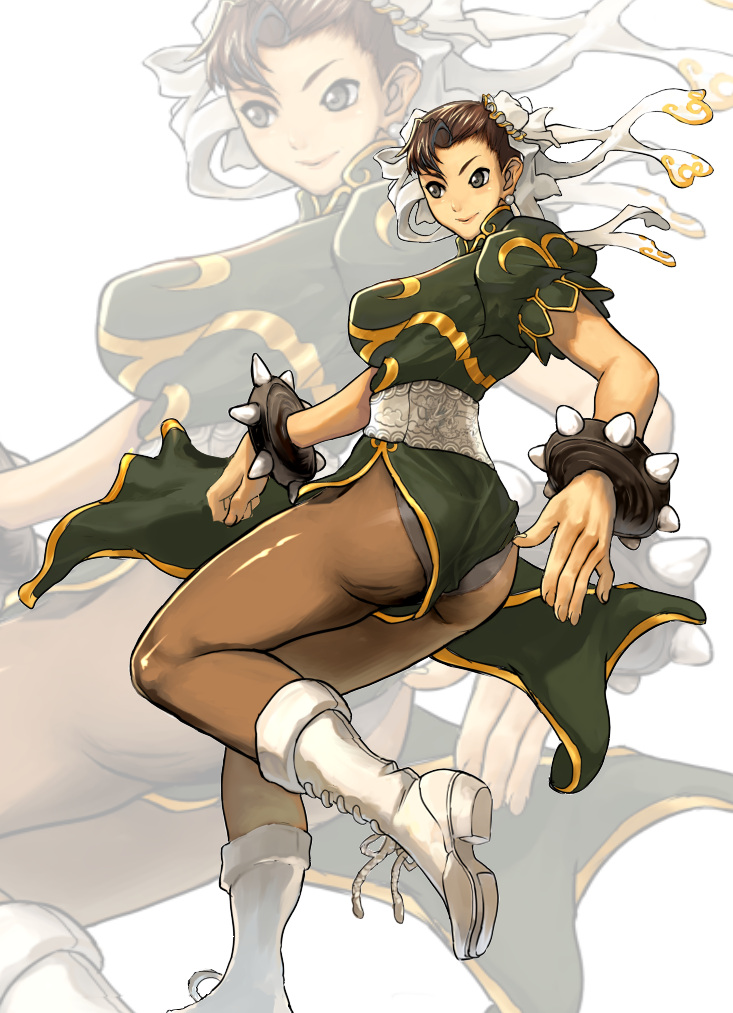 inumaroboya, inumaru (sougen no marogoya), chun-li, capcom, street fighter, 1girl, ass, bracelet, china dress, chinese clothes, dress, female focus, jewelry, pantyhose, solo, spiked bracelet, spikes, thick thighs, thighs, zoom layer